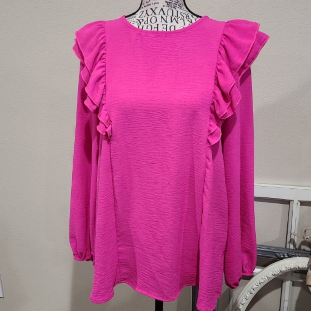 First Love by Lovelyn Womens SZ Sm bright Pink long puff sleeve feminine‎ Top